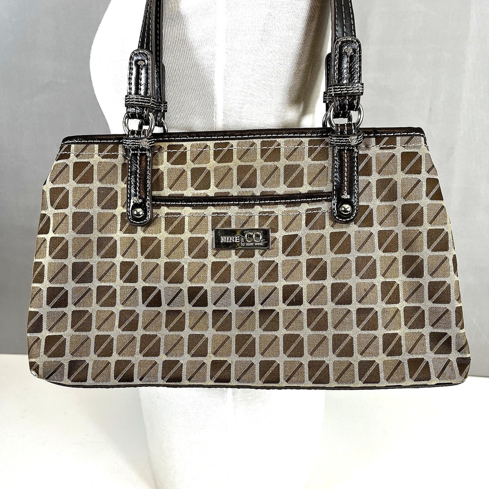 Nine And Co. Satchel Handbag Brown Jacquard 3 Compartments